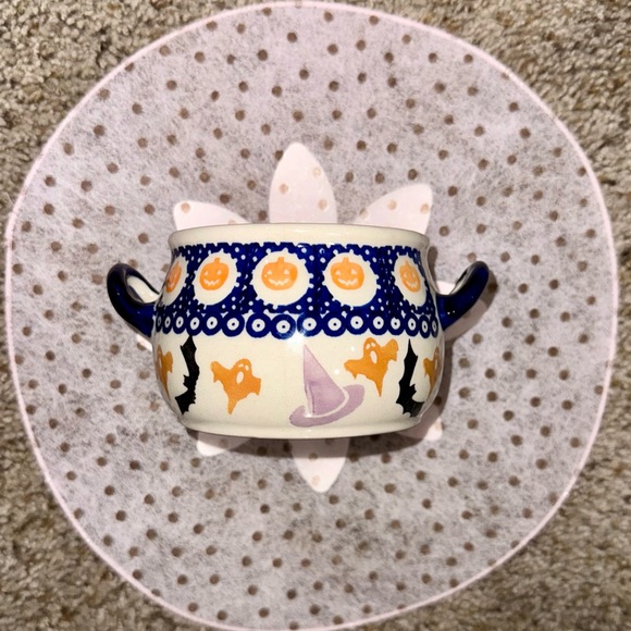 Handmade Boleslawiec Polish Pottery Crock W Handles! Ghosts, Pumpkins, Bats! - Picture 6 of 7